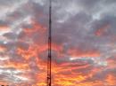 Sunrise Sunday Morning. Force 12 C3 on top pointed NE. The wires you see draping down from the tower are the IAC Double Bazookas for 40M and 75M. They are not deployed in these pictures, but rather just tied off to the tower trailer support legs so they don't blow in the wind.